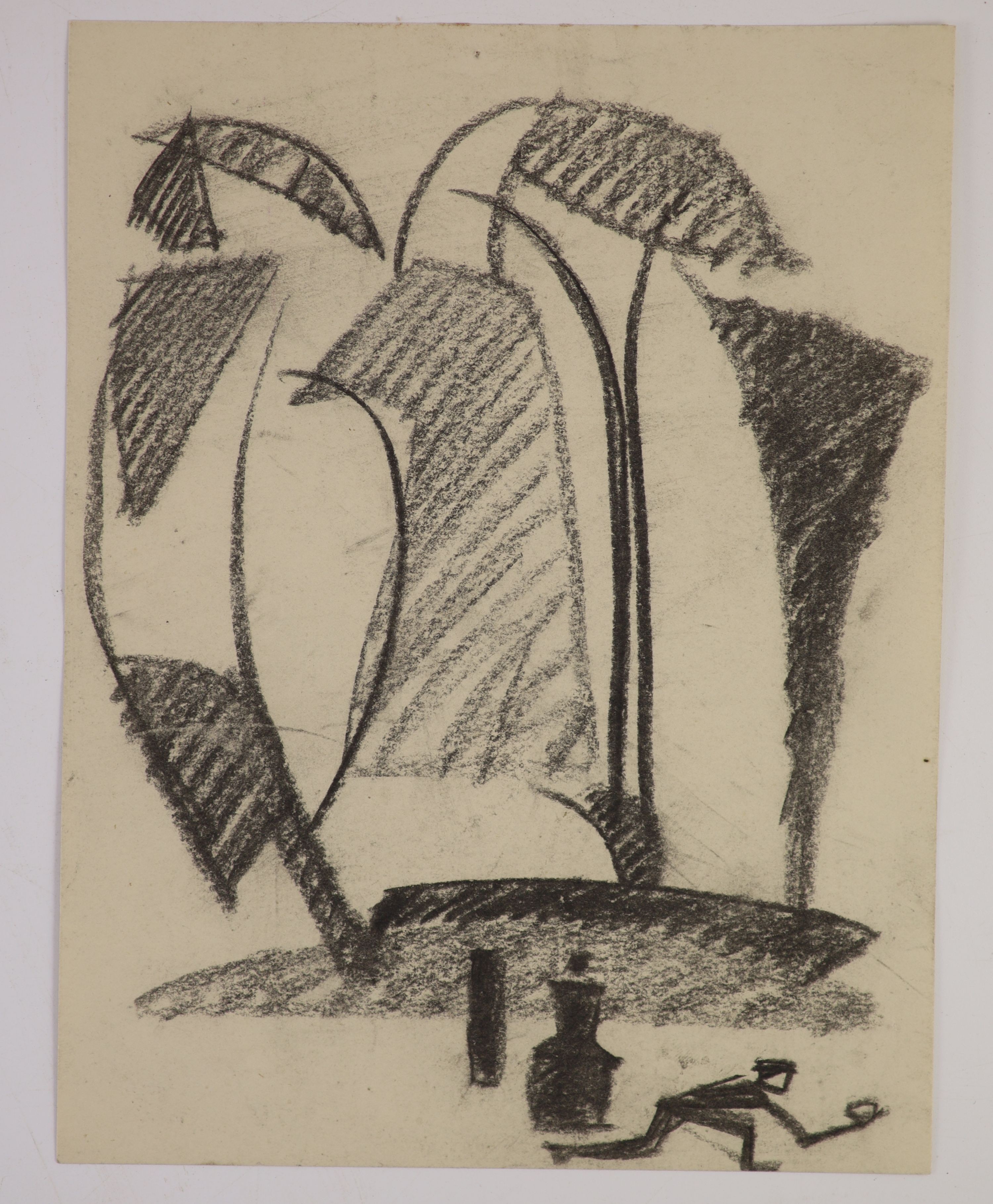 Henri Gaudier-Brzeska (1891-1915), A group of trees, a figure playing bowls in the foreground, circa 1912-13, charcoal on paper, 22.5 x 17.2 cms., unframed